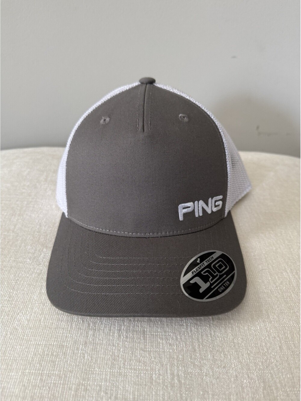 PING 110 Flexfit Tech Golf Hat Gray White Mesh Trucker Snapback Cap One Size